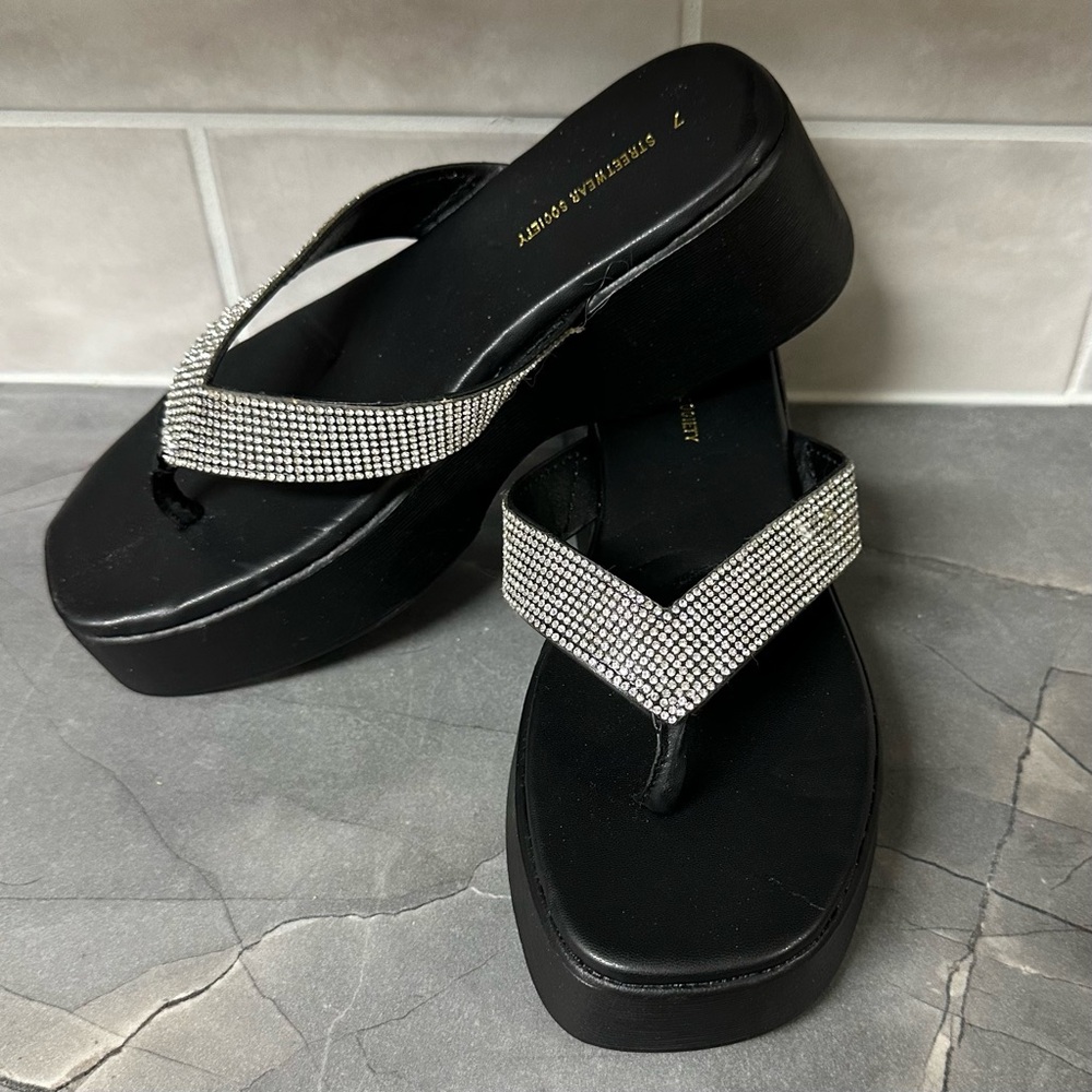 Black Rhinestone Embellished Platform Sandals 7 - Picture 4 of 7